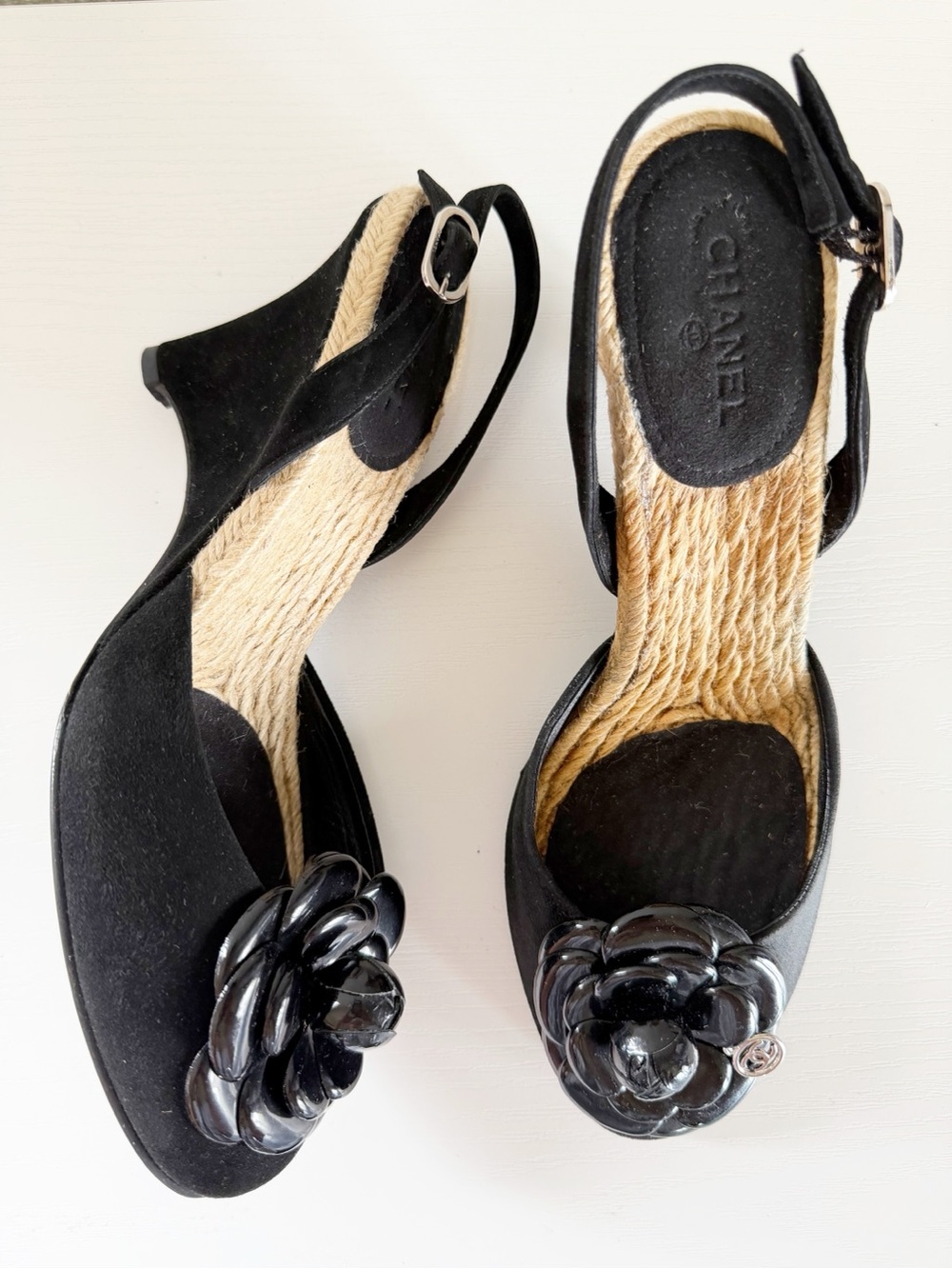Chanel Camellia Espadrille Wedge Sandals 2006 Cruise Black Suede EU 40